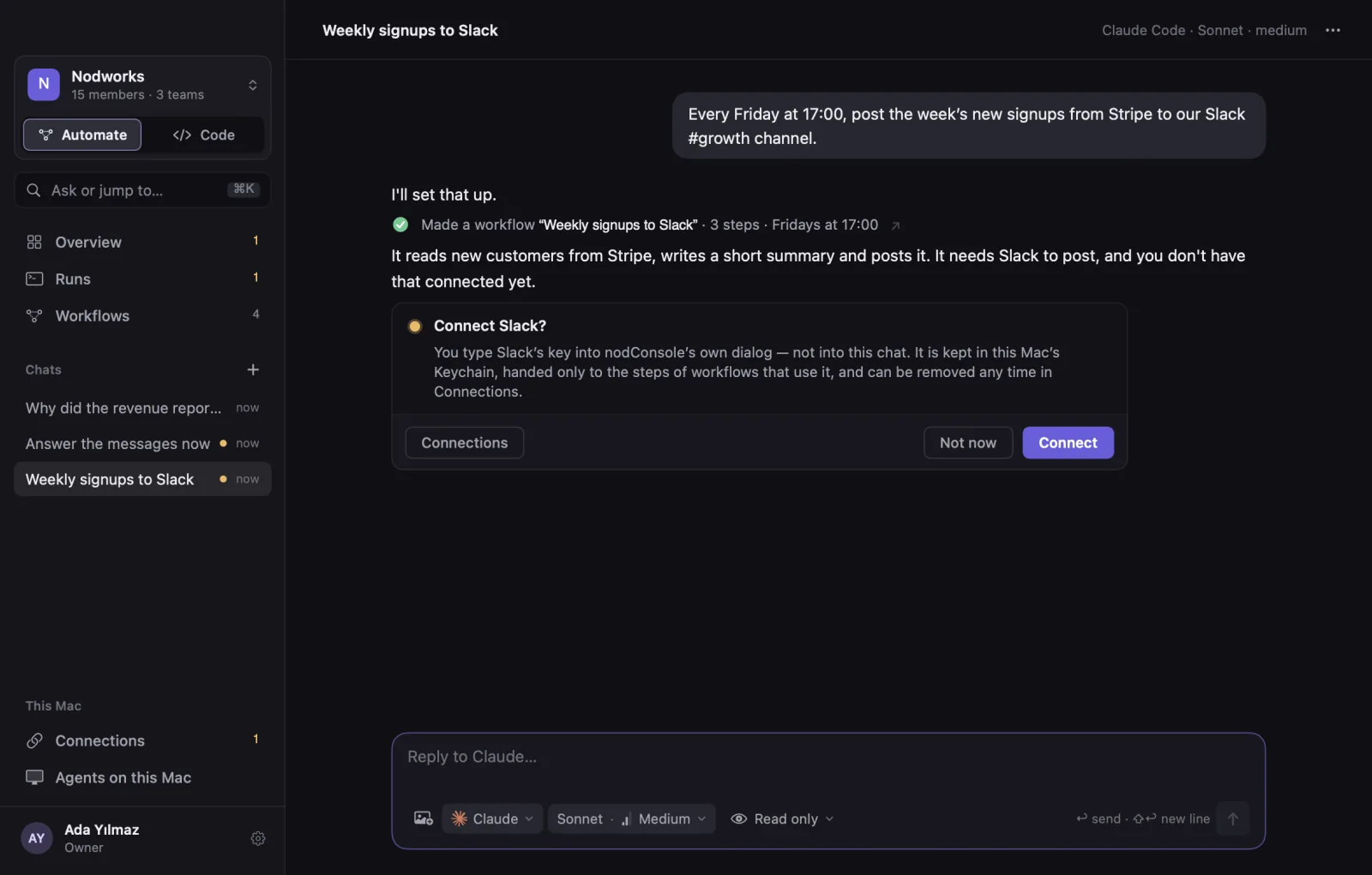 A chat on the Automate side that made the workflow “Weekly signups to Slack” and asks: Connect Slack?