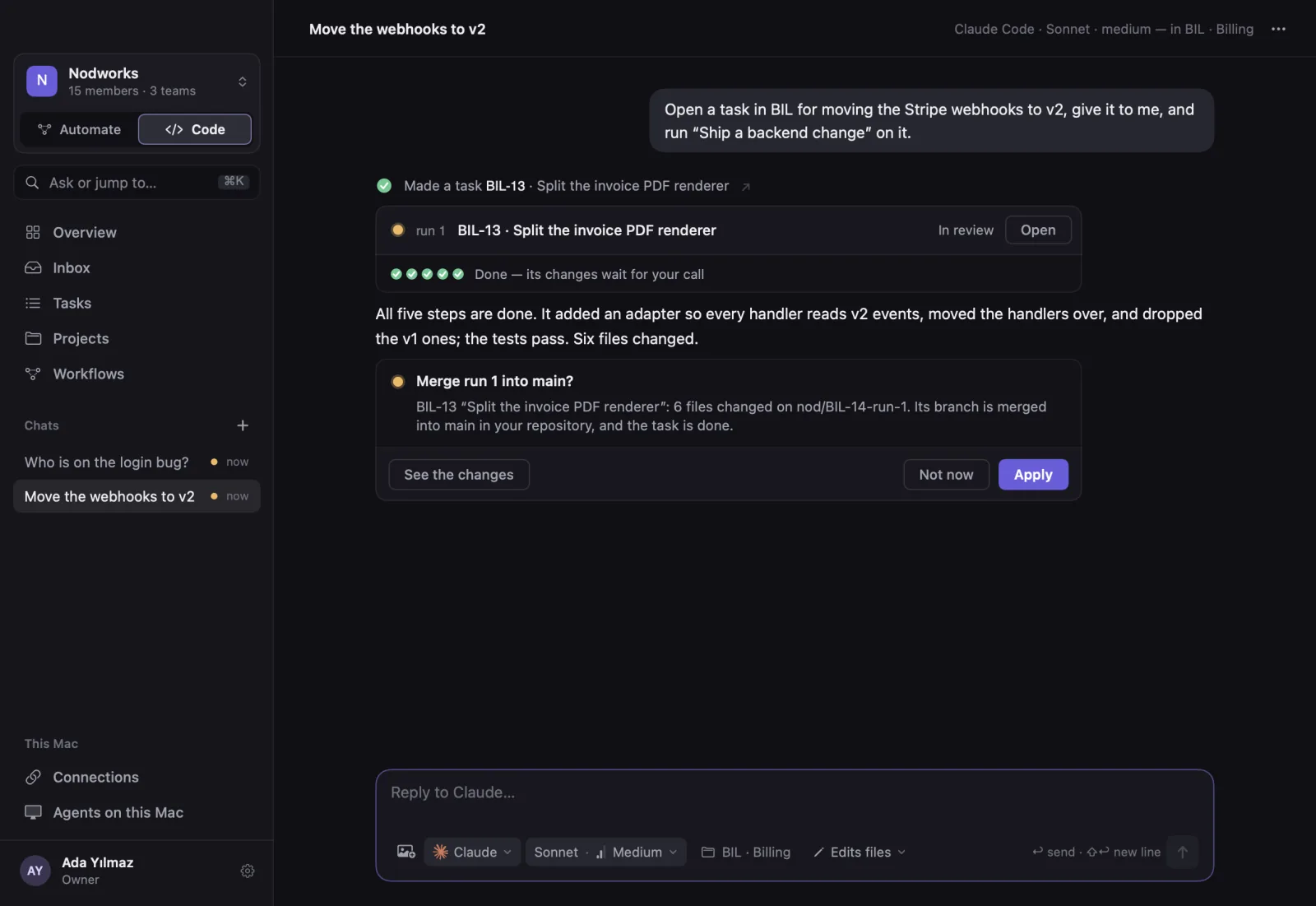 A chat on the Code side: the agent made a task, ran a workflow on it and asks whether to merge run 1 into main.