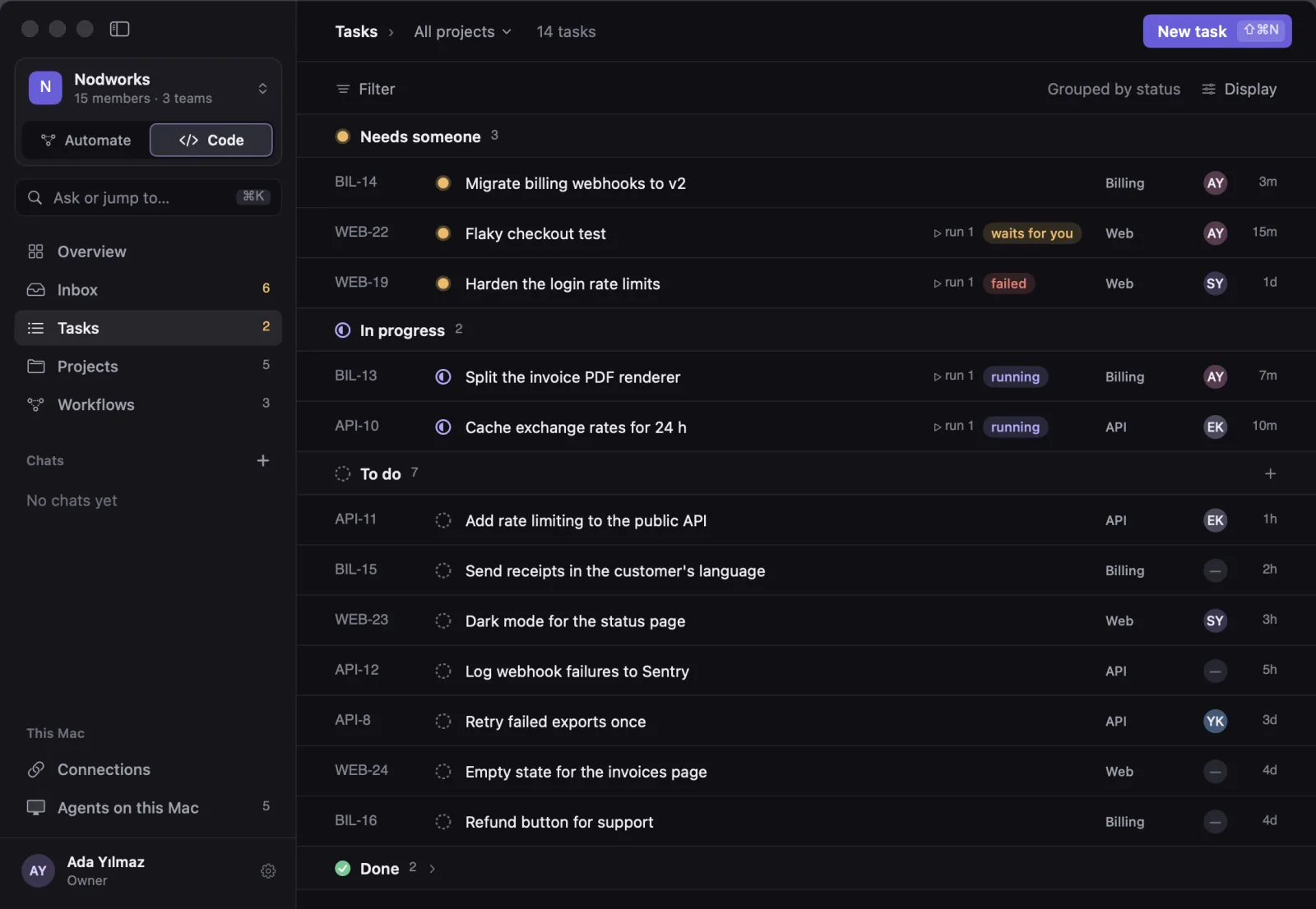 The Tasks page on the Code side, grouped by status: Needs someone, In progress, To do and Done.